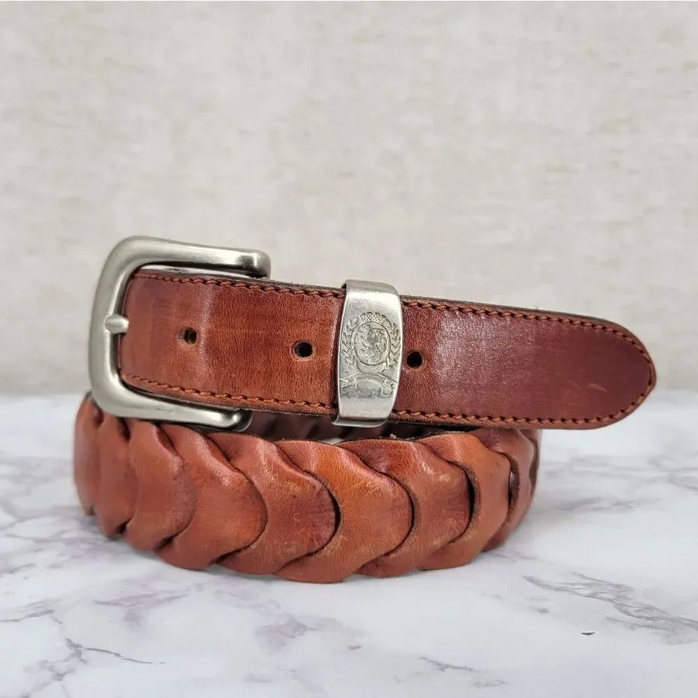 Vintage Brown Leather Link or Braided Belt Silver Toned Buckle
